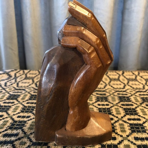 Wood Sculpture Held in Gods Hands Artisan Piece Women Held in Gods Hand 6" Tall - Picture 4 of 7
